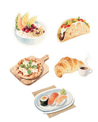 Delicious Food Sticker Collection Cups White Background