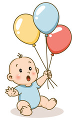 Illustration of a Baby Boy Holding Colorful Balloons