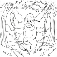 Cartoon Gorilla Swinging on Jungle Vines — Fun Wildlife Line Art for Kids' Coloring Book, Animal Education Resources, and Safari-Themed Activity Pages
