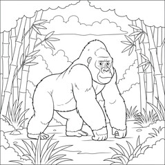 Cartoon Gorilla in Bamboo Forest — Bold Line Art Illustration for Kids’ Coloring Book and Wildlife Educational Activities