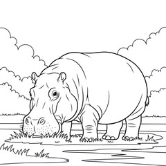 Cute Hippo Grazing on Grass by the Water — Black and White Cartoon Animal Illustration for Coloring Books and Educational Materials