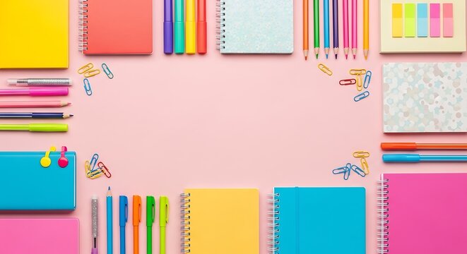 Flat lay of colorful notebooks pens pencils and paperclips on a pink background creating a frame