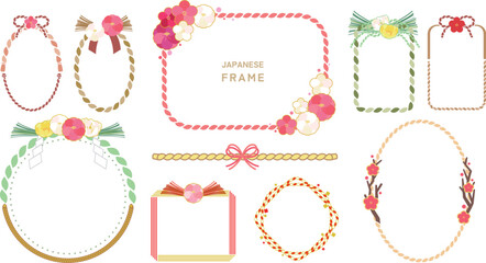 Japanese Rope Frame Set with Floral Decorations – Vector Design with Chrysanthemum, Camellia, Plum, Pine, and Ribbon