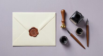 Vintage wax-sealed envelope with fountain pen and ink bottle on lilac background.