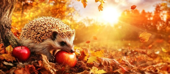 Adorable hedgehog enjoying a vibrant autumn day with apples in a warm setting