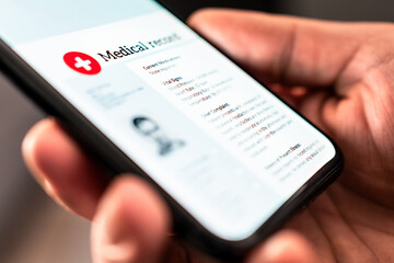 Medical record in phone. Digital medic health data, history and report of patient. E doctor, electronic personal information and EMR in smartphone. Healthcare document in hospital computer online.
