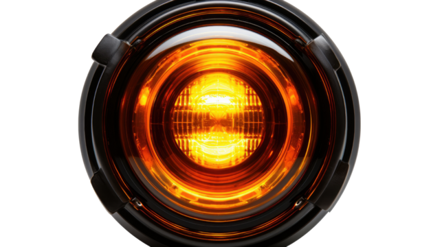 Dual layered amber LED circular warning light with clear lens isolated on white background