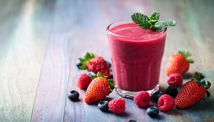 vibrant mixed berry smoothie in glass surrounded by strawberries raspberries and mint leaves