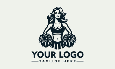 Silhouette of a cheerleader holding pom-poms, ready for a performance, with logo text.
