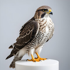 A regal falcon perches with poise on a spotless white surface, lit cleanly to ensure a shadow-free scene. The striking patterns of its plumage, from spotted underbelly to barred wings, are accentuated