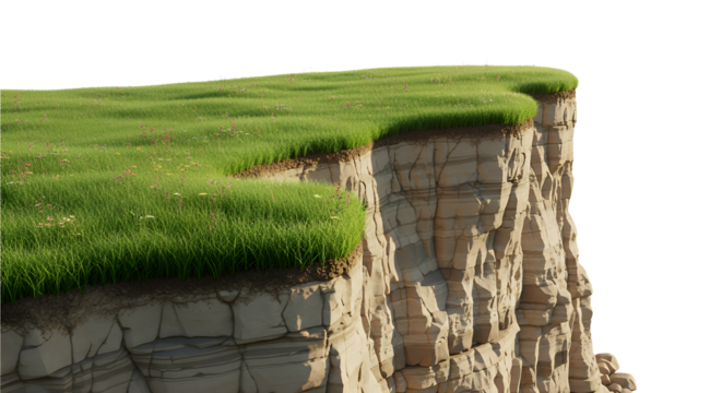 3D transparent cliff terrain icon with grassy top and rocky vertical drop