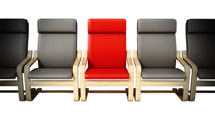 Fototapeta premium Red modern TV chair standing out among gray chairs on transparent background. 3D illustration