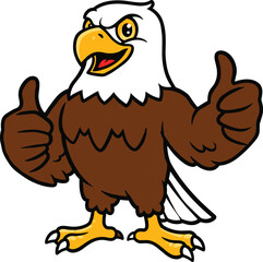 Cartoon bald eagle giving double thumbs up, confident mascot character, strong symbol of pride, flat vector illustration, American animal cartoon