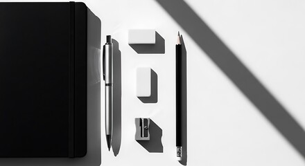 A black notebook with a pen, erasers, and pencil on a white surface with a shadow cast across it