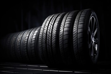 Obraz premium Car tires with alloy wheel standing in a row on black background in a dark studio, ready for changing and driving