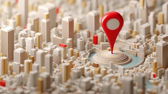 3D render animation of a location pin marker placed in the center of a stylized modern city. Symbolizing navigation, GPS, mapping, location services, and smart city concepts - Powered by Adobe