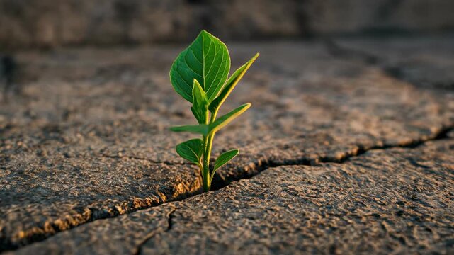 Young green plant sprouting through cracked dry soil in warm sunlight. Concept of resilience, hope, and new beginnings in adversity