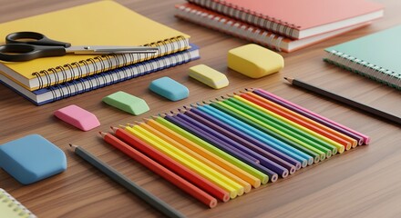 Naklejka premium A desk with notebooks, colored pencils, erasers, a pencil and scissors arranged neatly on it