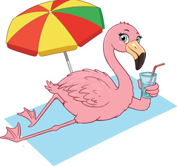 Cartoon flamingo relaxing at beach, holding drink, under umbrella, summer vacation scene, cute bird character, flat vector illustration design