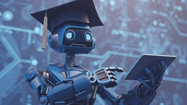 A futuristic robot wearing a black graduation cap with a yellow tassel, symbolizing academic achievement and digital technology concept