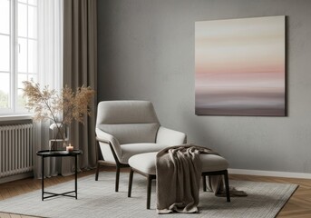 A comfortable grey armchair and ottoman are styled with a soft blanket and decorative elements