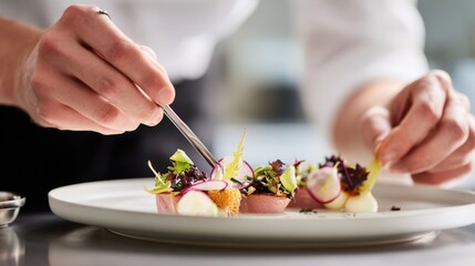 A chef meticulously garnishes a refined dish with tweezers, showcasing expertise, attention to detail in creation of high-end culinary experience. Fine dining, gastronomy, professional cooking themes