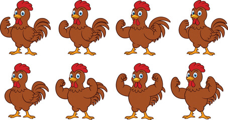 Cartoon muscular rooster, flexing chicken character, farm animal vector, funny strong bird poses, animated poultry illustration, bodybuilding chicken concept