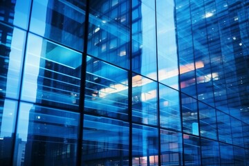 Glass facade of modern office buildings reflecting cityscape at sunset, creating abstract patterns of light and shadow