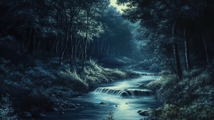 Obraz premium Tranquil Nocturne: A Dreamy River Flowing Through the Forest at Twilight