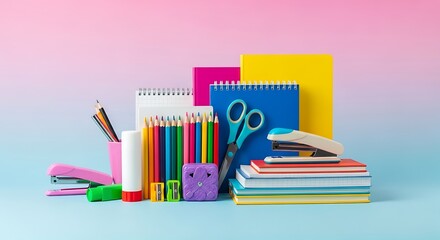 Colorful school supplies arranged on a light blue surface with a pink and blue gradient background