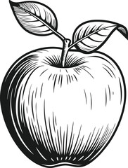 Detailed Black and White Apple with Leaves