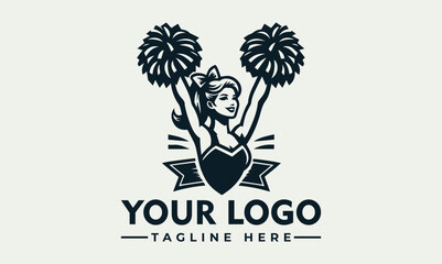 Vintage logo design of a cheerleader with pom-poms, featuring a stylized female figure.