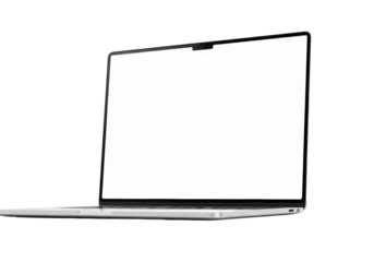An ultra-thin sleek silver aluminum laptop with a blank white screen, narrow black bezels, and a discrete camera notch, floating on a seamless transparent background, high-end commercial presentation