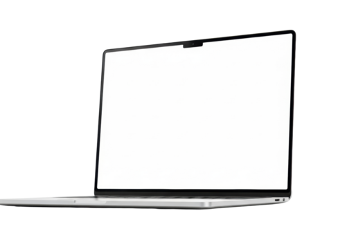 An ultra-thin sleek silver aluminum laptop with a blank white screen, narrow black bezels, and a discrete camera notch, floating on a seamless transparent background, high-end commercial presentation - Powered by Adobe