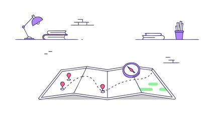 Folded paper map with route and compass
