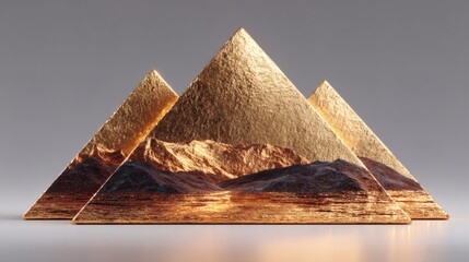 Golden Geometric Pyramid Sculptures with Mountain Landscape Design on Silver Background