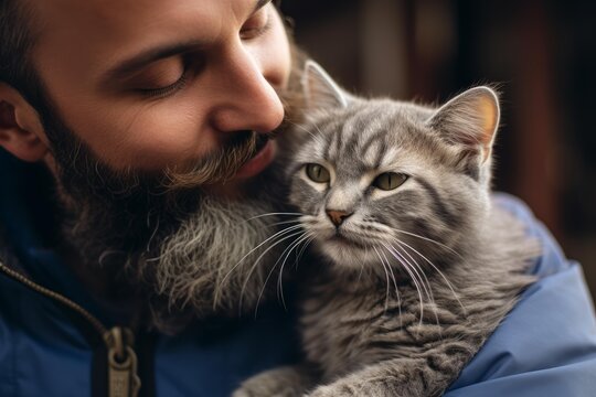 Hipster man embracing a gray kitten with affection - Powered by Adobe