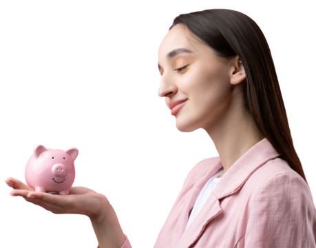 A cute girl in a pink jacket is holding a 3d piggy bank in her hands. Beautiful close-up portrait in studio on pink.