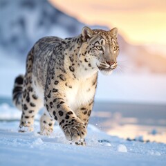 Naklejka premium A majestic snow leopard gracefully strides over a pristine blanket of snow, its thick, spotted fur blending beautifully with the winter landscape.