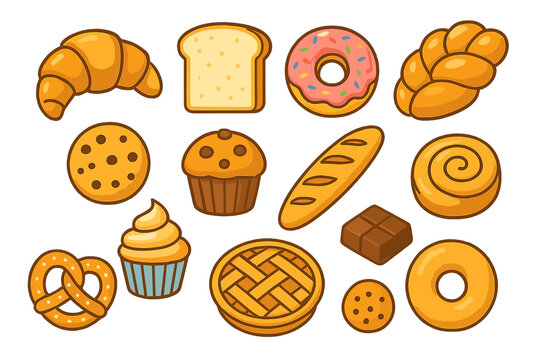 Bakery products and pastry set. Cute cartoon icons collection with bread, donut, croissant, cupcake, pie, pretzel, muffin. Sweet food and desserts vector illustration. - Powered by Adobe
