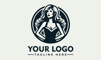 Graphic logo of a woman with flowing hair, wearing a dress, inside a circle, with space for text.