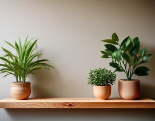 Fototapeta premium minimalist wooden shelf with potted plants on a neutral background for home decor and interior design decoration ideas