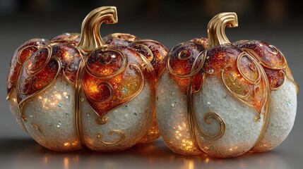 Decorative Glass Pumpkins with Gold Swirls and Bubbles for Autumn and Fall Decor