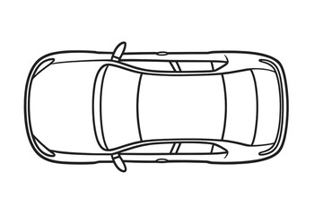 Car top view vector illustration. Black line vehicle drawing. Automobile from above. Simple outline icon for transport design. Isolated auto sketch, plan view graphic element.