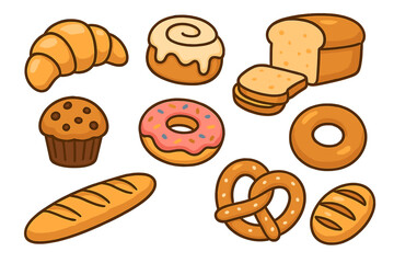 Cartoon bakery products vector set. Fresh bread, pastry collection with croissant, donut, pretzel, muffin, baguette. Cute food icons for cafe menu or bake shop design.
