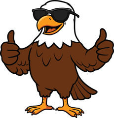 Cool cartoon bald eagle in sunglasses giving thumbs up, patriotic bird mascot, confident character, flat vector illustration, fun animal design