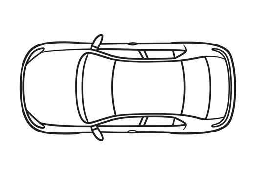 Car top view vector illustration. Black line vehicle drawing. Automobile from above. Simple outline icon for transport design. Isolated auto sketch, plan view graphic element.