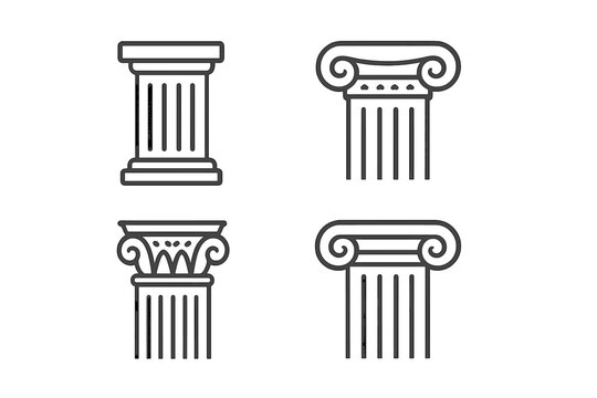 Ancient Greek column capitals icon set. Vector line art of Doric, Ionic, and Corinthian architectural orders. Classic Roman pillar symbols for history or law.