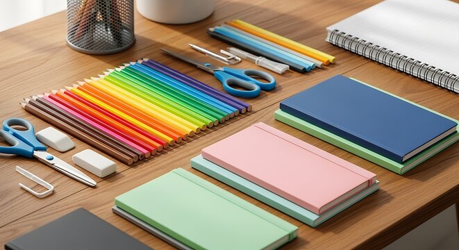 A desk with colored pencils notebooks scissors and other stationery items arranged neatly on its surface