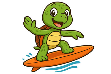 Happy cartoon turtle surfing on a surfboard. Cute green sea tortoise character riding ocean waves. Summer sport and vacation concept. Vector animal mascot illustration.